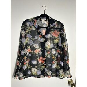 Notations Women's Large Sheer Floral Blouse Black Mesh Button Down Shirt Y2K